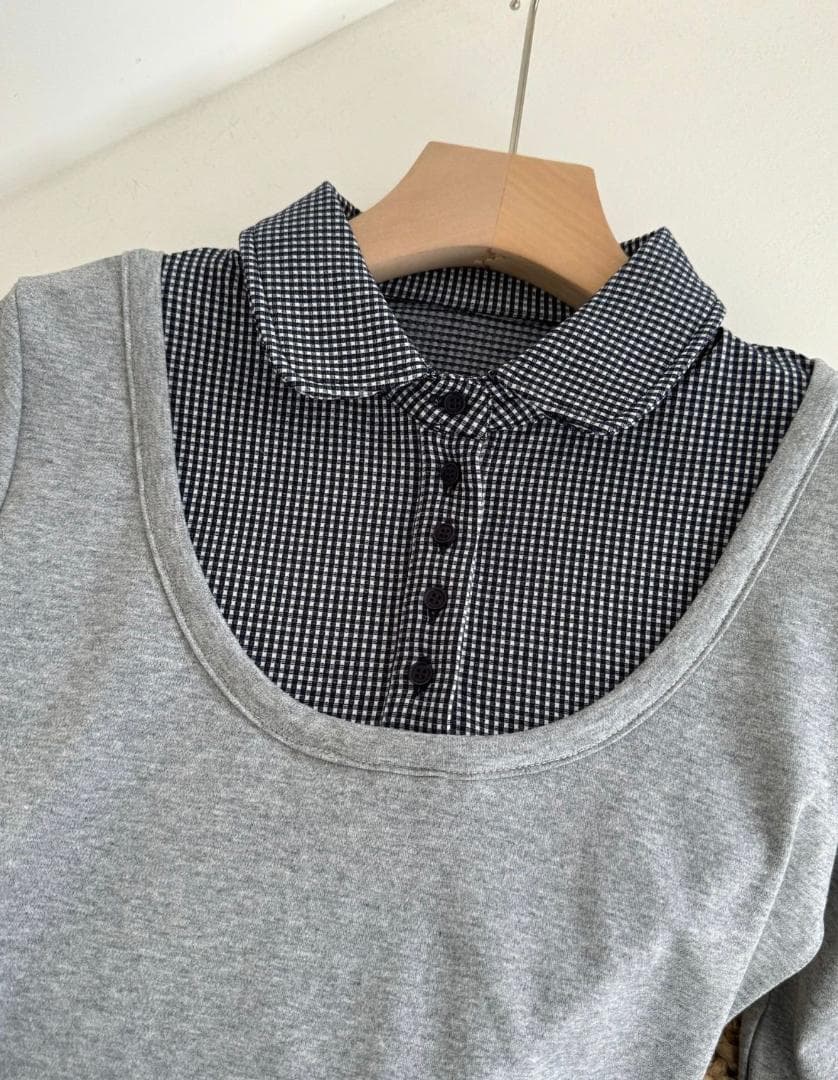 COYSEIO重ね着風グレー長袖ポロシャツ