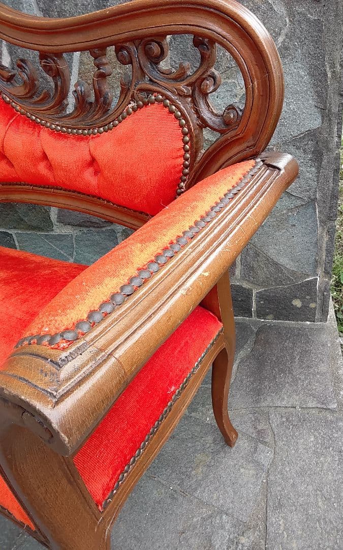 イギリスアンティーク ビクトリアンスタイル オレンジベルベットソファ