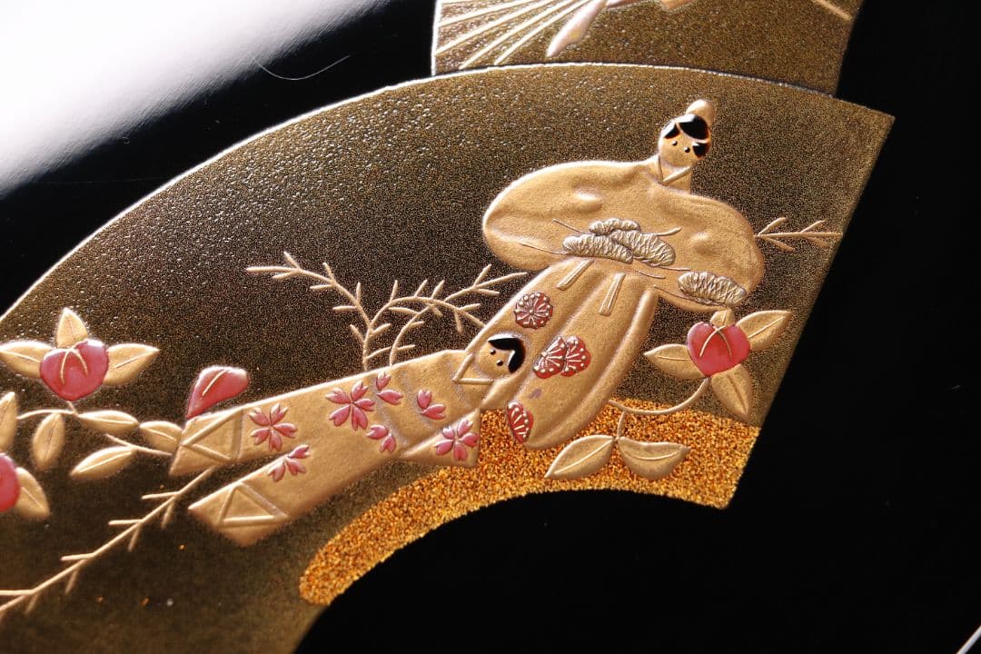 MA202 輪島塗 慶塚 扇面五節句蒔絵 卓上膳 五客 黒塗 足付長方膳 木製