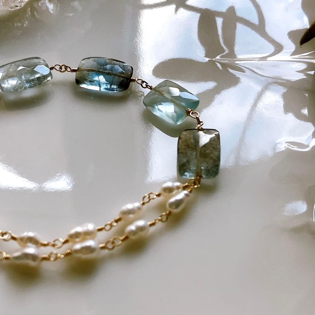 みっちゃん◆レクタングルモスアクアマリン×淡水パールブレスレット