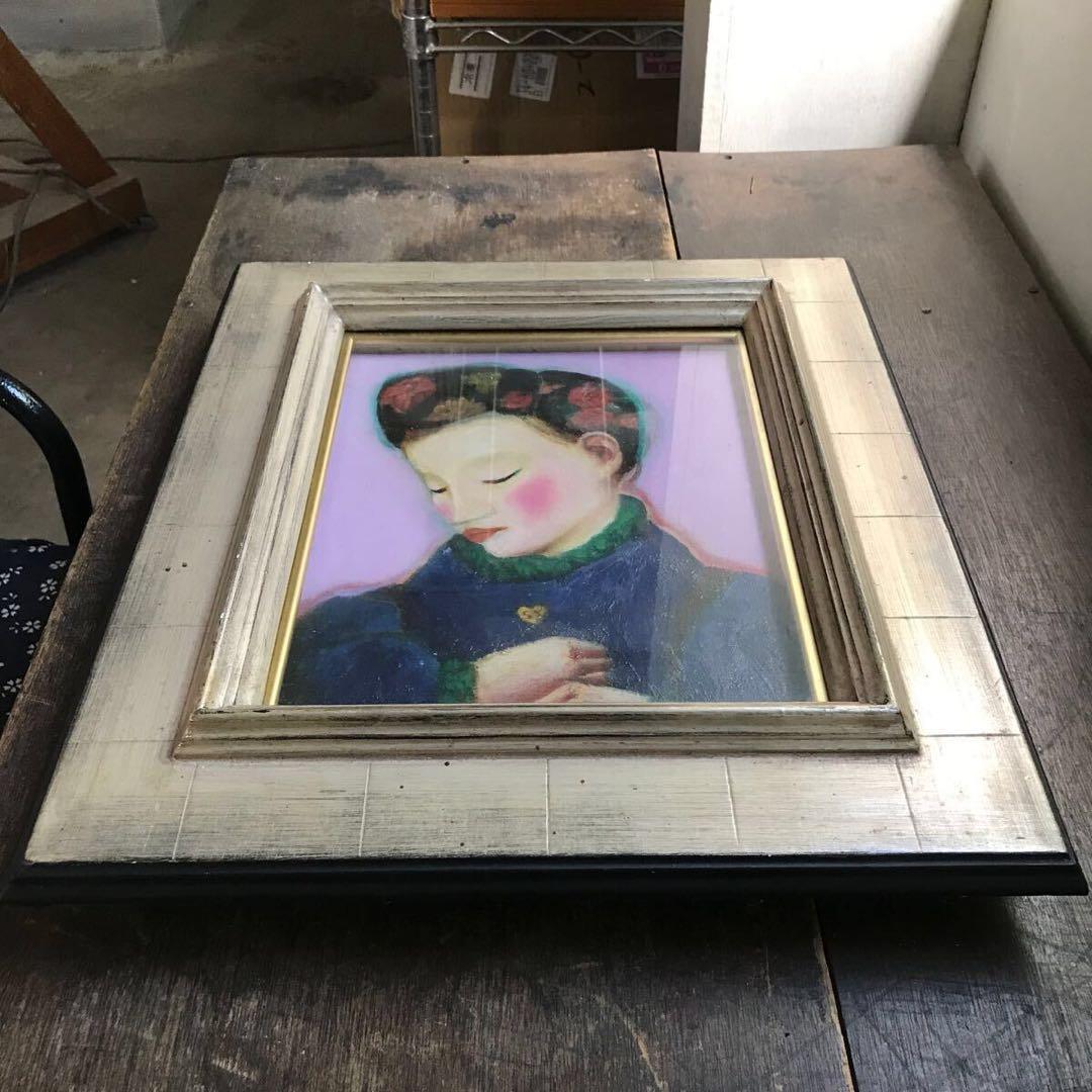 真作保証 山田修市 「仕草」 原画 オリジナル F3号 油彩画 ガラス 収集