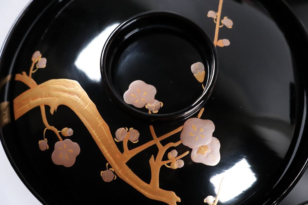 木製漆器 梅蒔絵 黒塗 椀 五客 漆芸 茶懐石 会席道具【MA287】