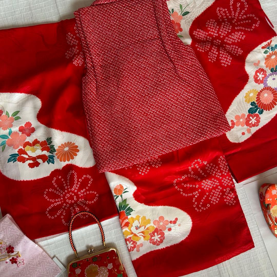 七五三 3歳 総絞り 被布 着物 絹 三歳 赤 草履 753 バッグ 花 レトロ