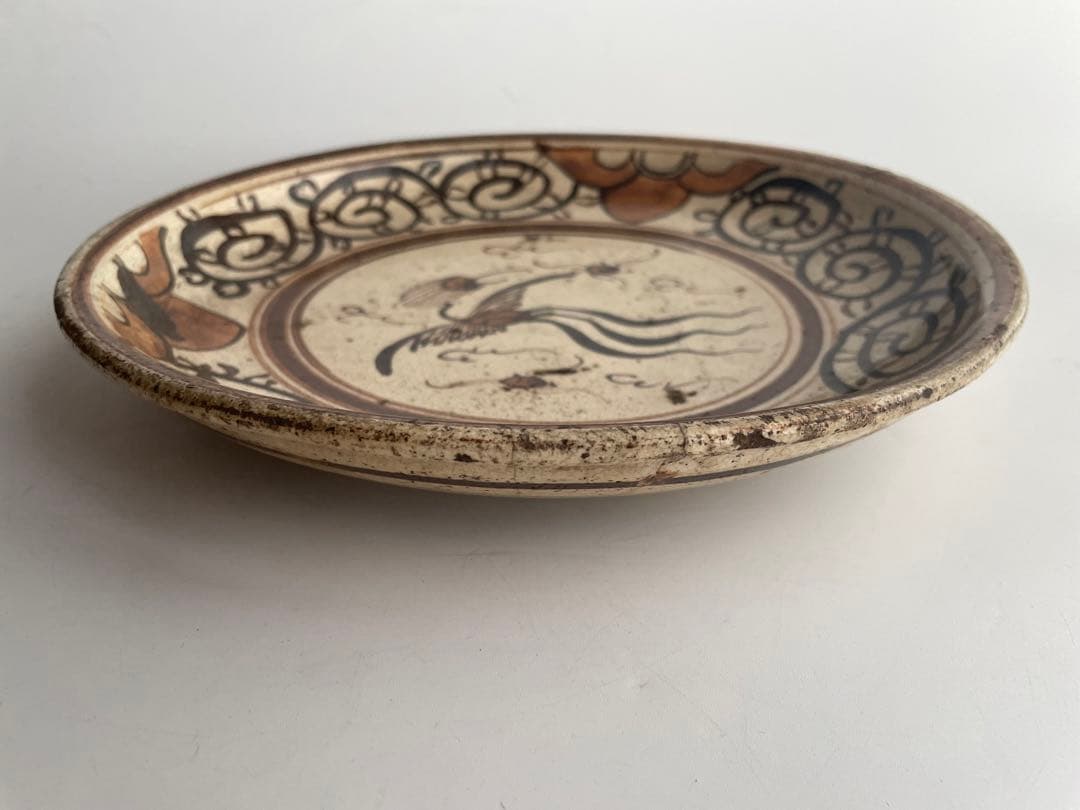 骨董 アンティーク 絵瀬戸 絵志野 鳳凰唐草文様 行燈皿 丸皿 石皿