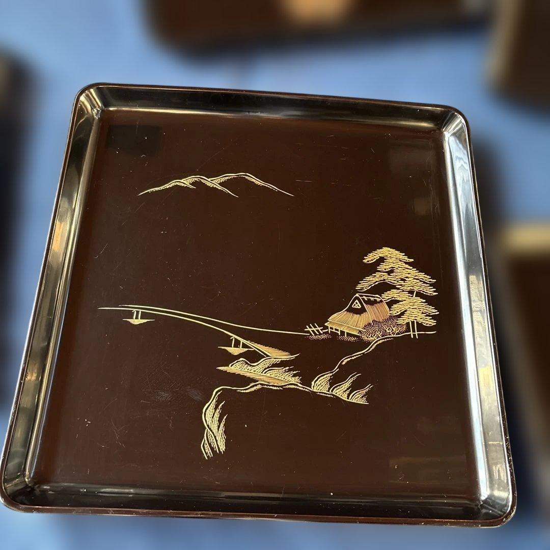 輪島塗　漆器 膳 5枚セット 黒と金の風景　蒔絵　沈金