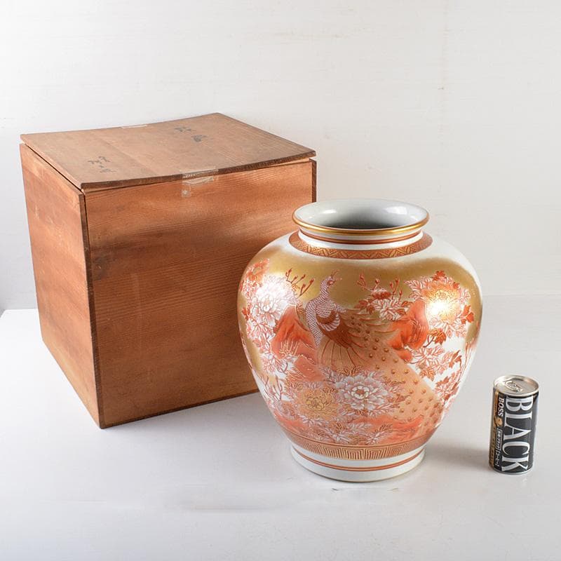九谷焼　仲田錦玉造　赤絵金彩　孔雀花文　壷　花瓶　花入　共箱　M　R5780C 九谷焼仲田錦玉造赤絵金彩孔雀花文壷花瓶花入共箱MR5780C
