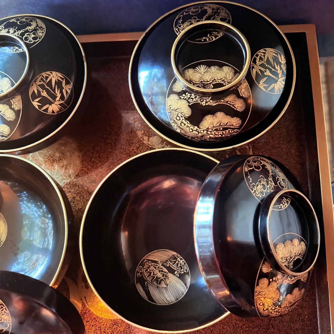 2115様感謝‼️ スーパームーン記念JAPAN輪島丸紋沈金松竹梅&鶴亀　黒椀4客