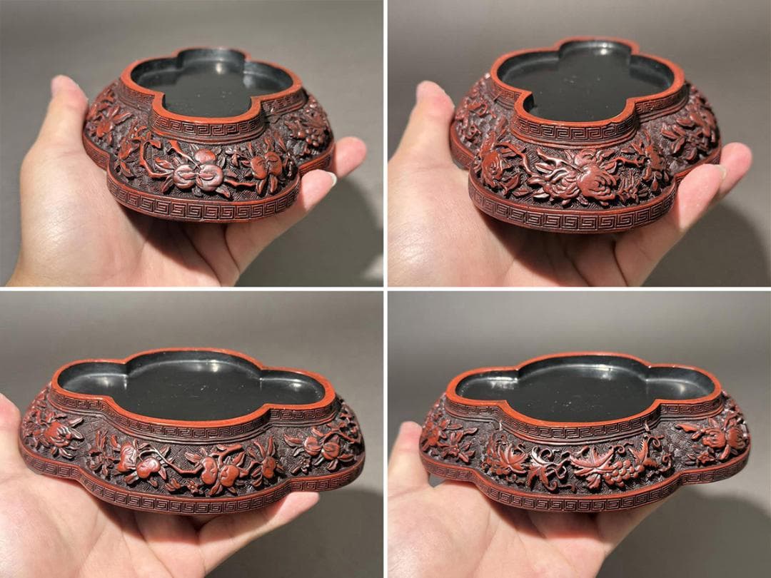 漆】 ☆ 漆器 朱漆絵金龍人物紋毛筆 ☆ 清代 花卉 唐人 描金文様