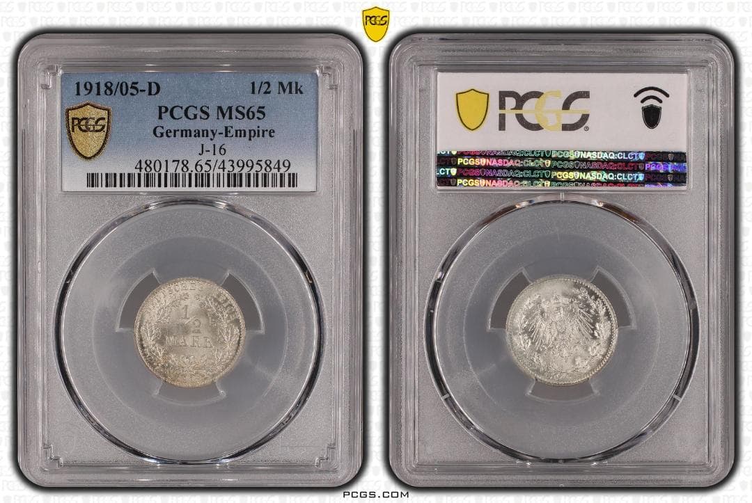 高鑑定　PCGS-MS65　ドイツ帝国　1918/05-D　 1/2M 　銀貨