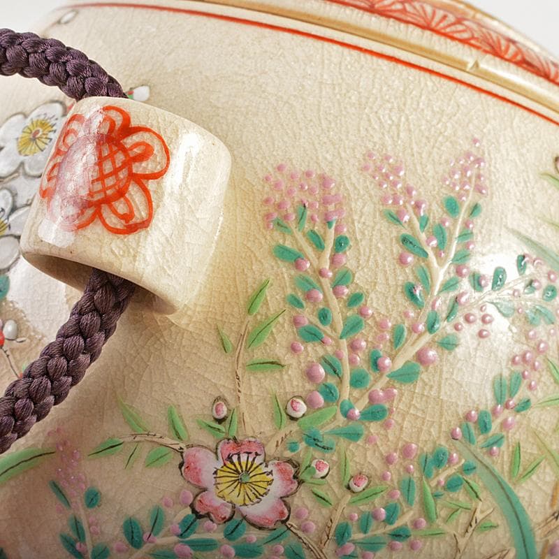 茶道具京焼三代東山深山造色絵四季草花文吊香炉共布共箱MR7382