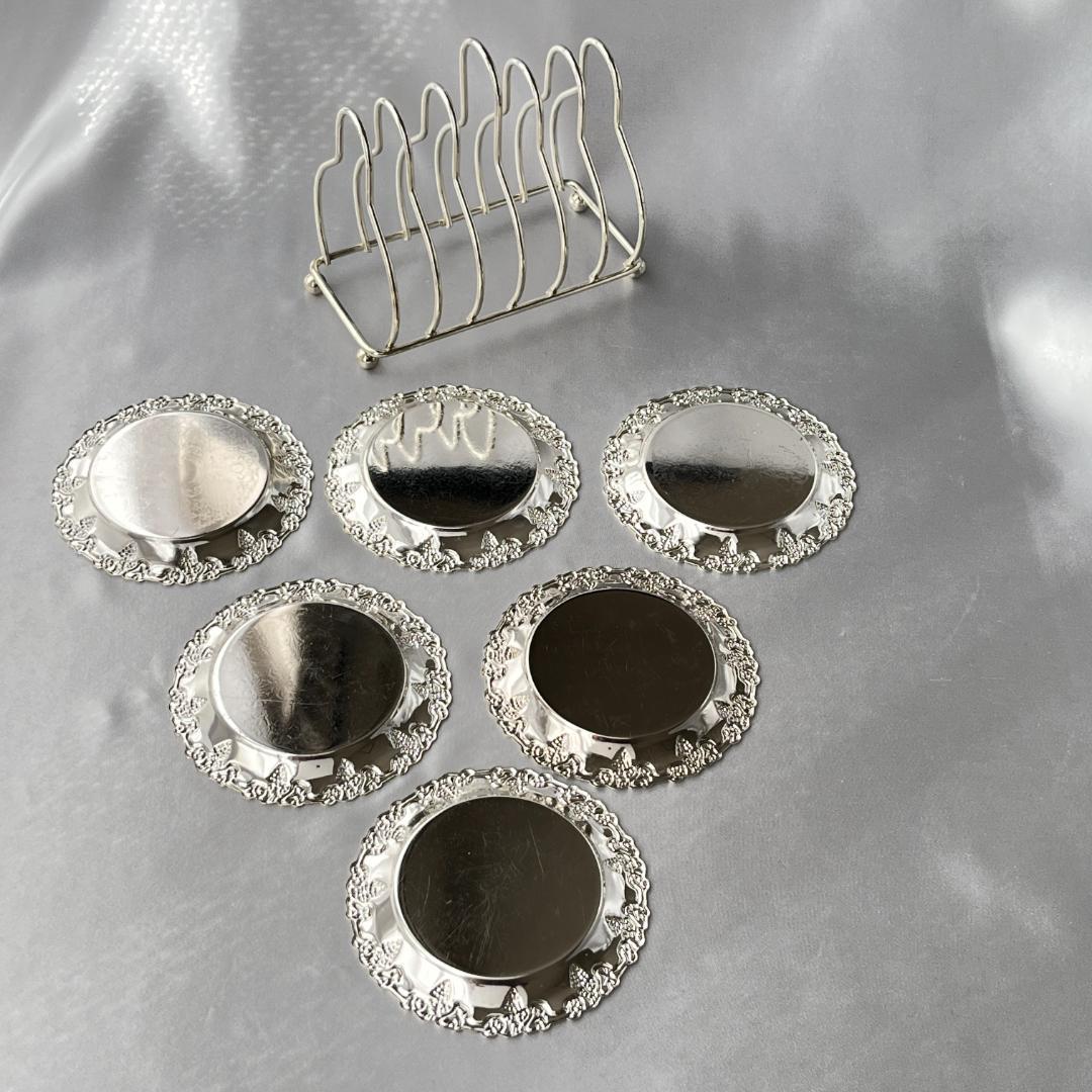 【英国】 葡萄のコースター 6枚 スタンド【シルバープレート】