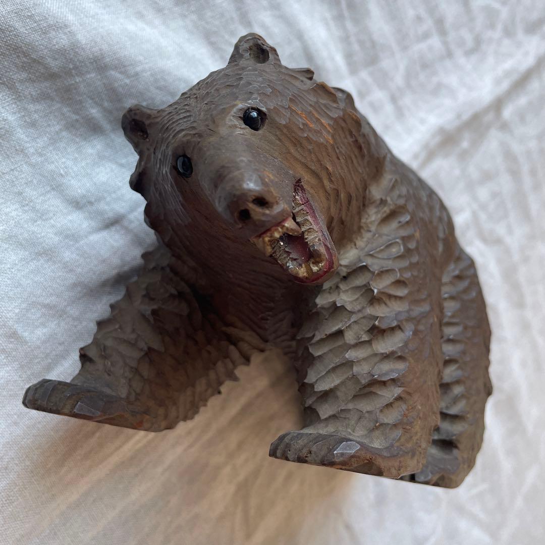 ビンテージ 木彫り 熊 ダークブラウン ガラス目 作家 アンティーク