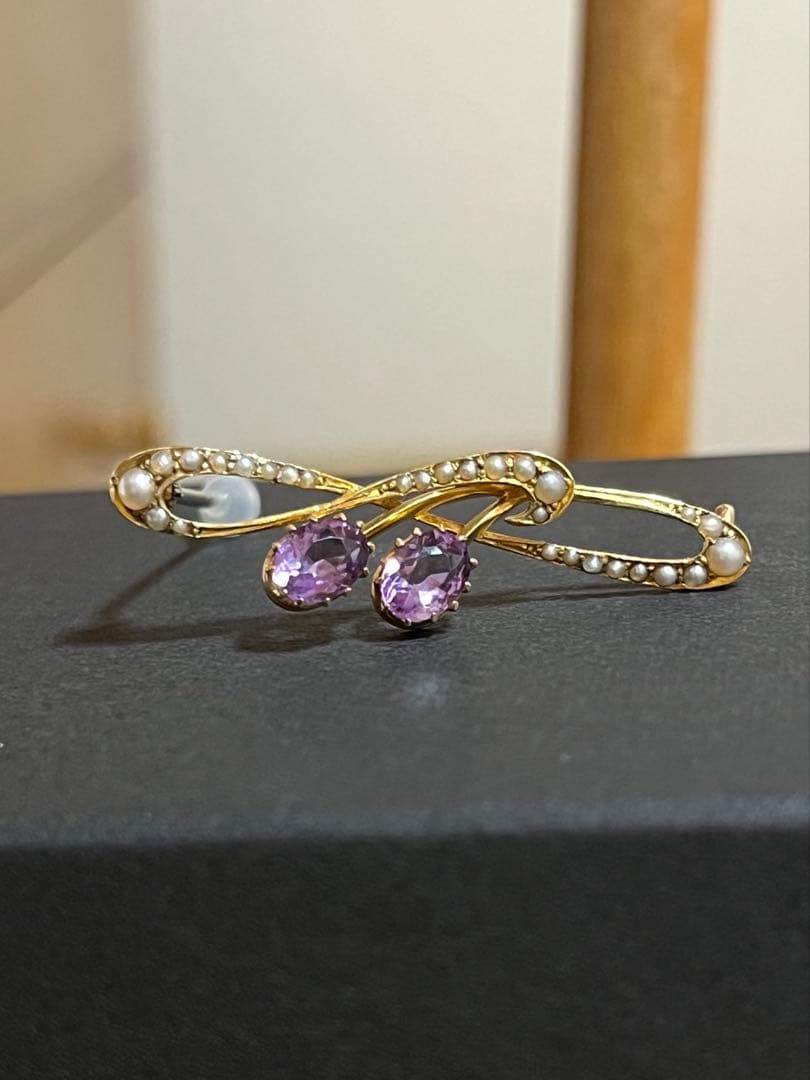 アンティーク ブローチ アメジスト パール 15ct ゴールド