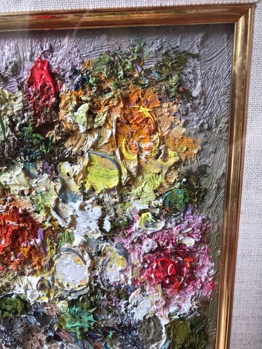 【真筆】渡部ひでき作　油絵『薔薇』 油彩　厚塗り画の迫力　額縁付　静物画　送料込