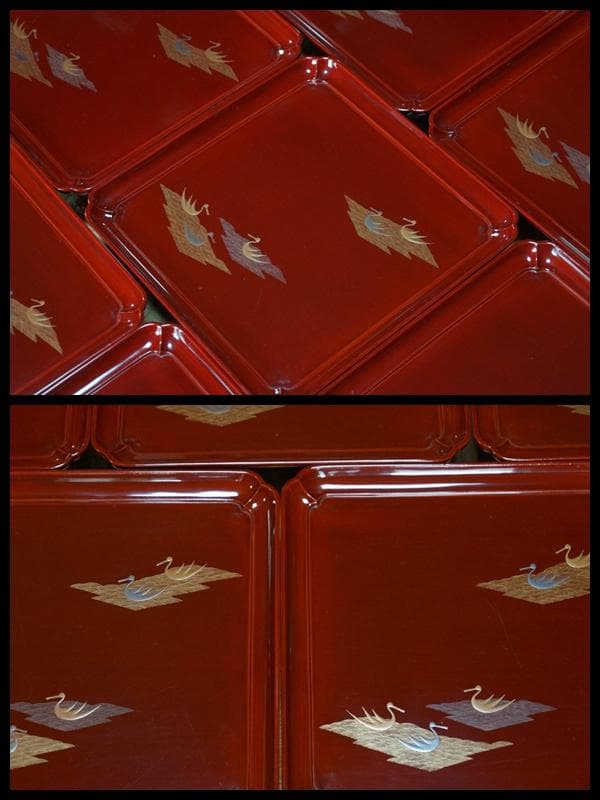 明治期 輪島塗 溜塗金銀蒔絵『波千鳥文』足付膳盆(十客) 木製角会席膳　茶道具