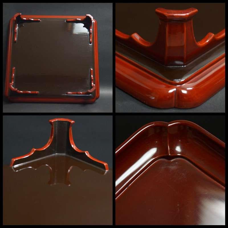 明治期 輪島塗 溜塗金銀蒔絵『波千鳥文』足付膳盆(十客) 木製角会席膳　茶道具