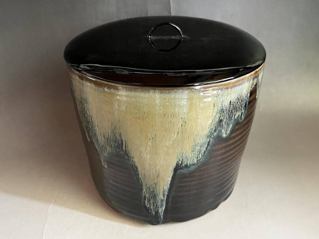 水指■高取焼 八仙窯 漆器蓋 涙紺 遠州七窯 塗蓋 直し有 飴釉 時代物 骨董■