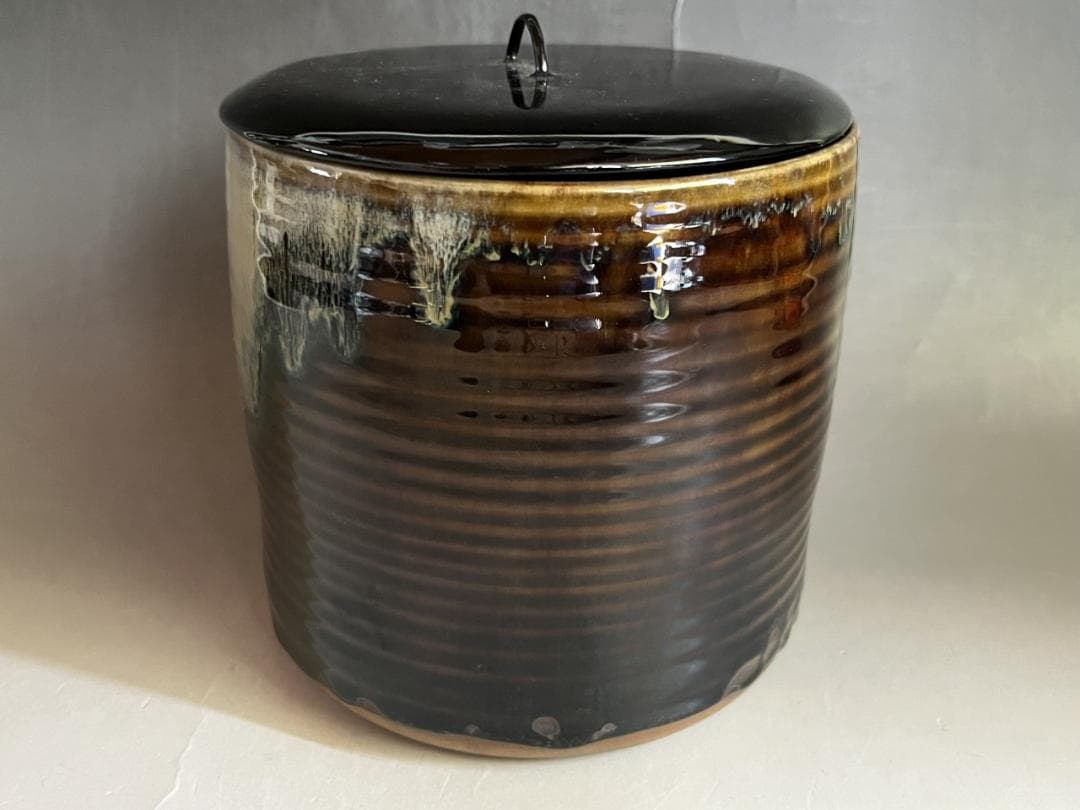 水指■高取焼 八仙窯 漆器蓋 涙紺 遠州七窯 塗蓋 直し有 飴釉 時代物 骨董■