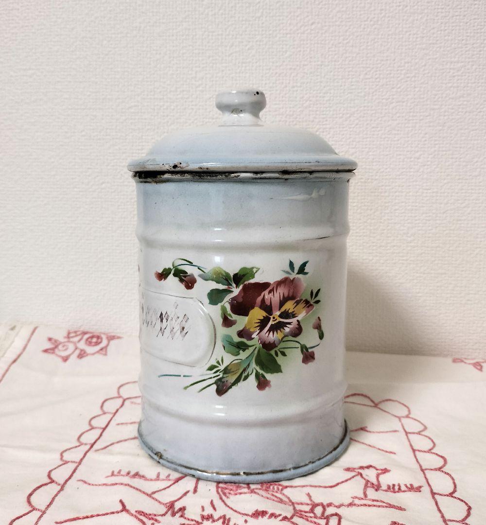 フランス JAPY ジャピー ホーロー キャニスター パンジー柄 アンティーク フランス Japy ジャピー ホーロー キャニスター パンジー柄 アンティーク