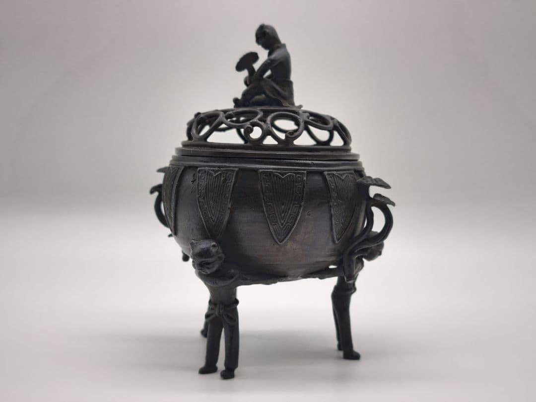 織田幸銅器 須賀月芳作 青銅製 香炉 玉型 霊芝耳 唐子足 螺鈿模様