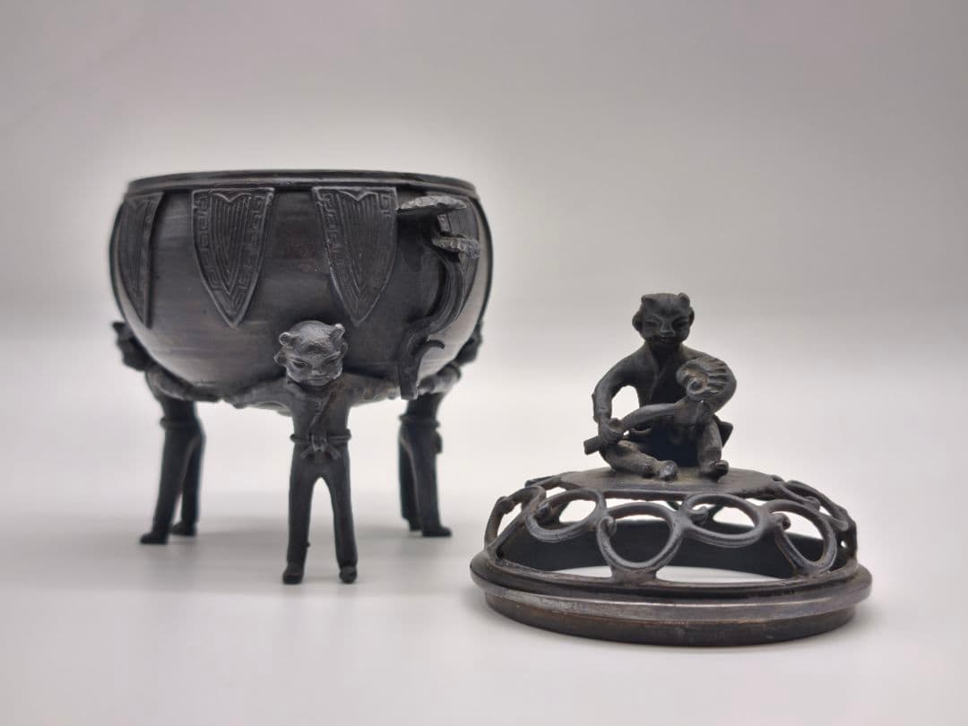 織田幸銅器 須賀月芳作 青銅製 香炉 玉型 霊芝耳 唐子足 螺鈿模様