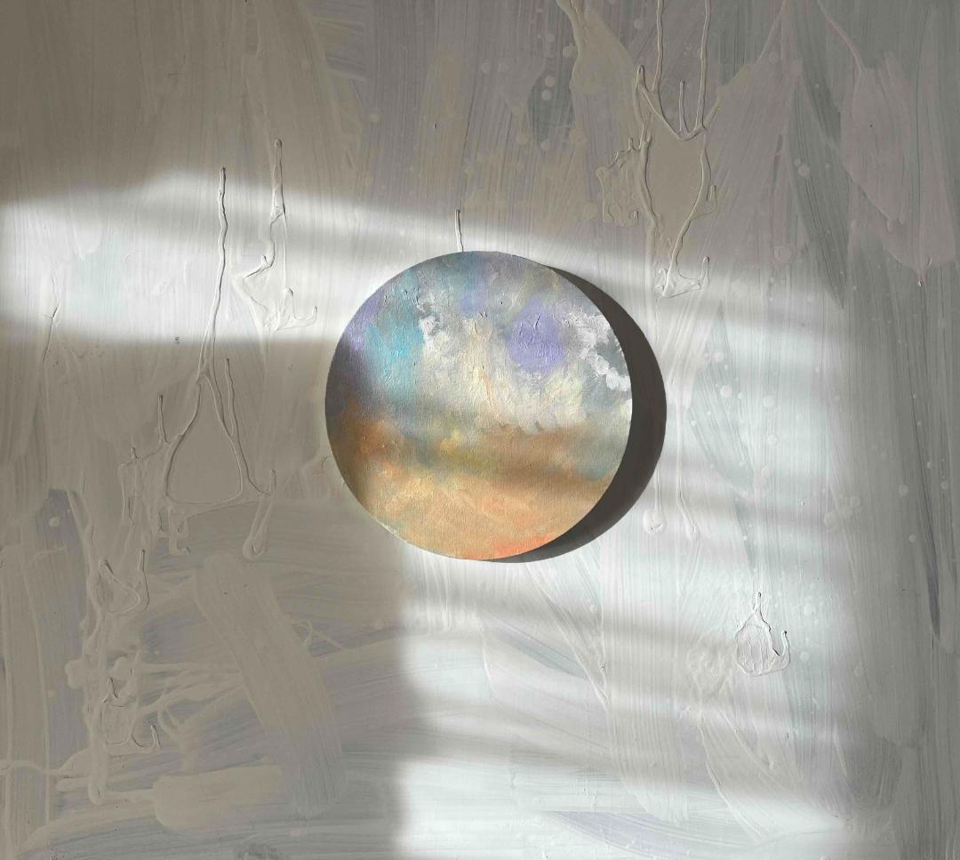 油彩 絵画 『空』丸形アートパネル 直径25cmインテリア 絵画 原画
