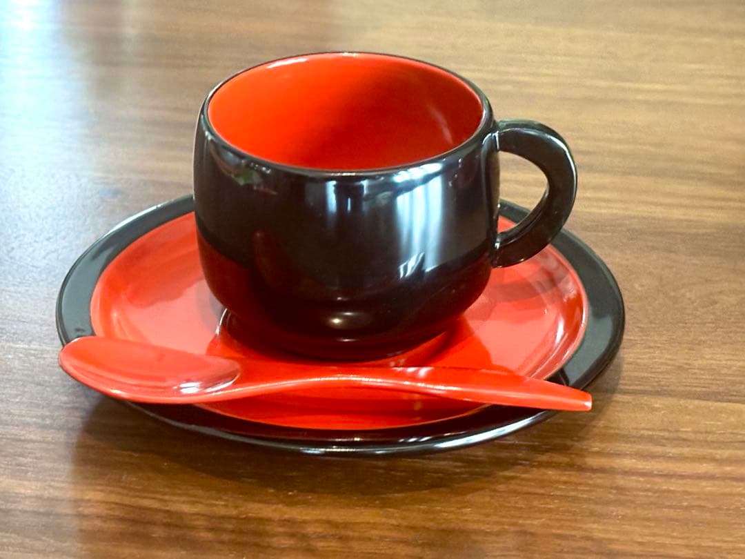 沖縄工芸品 琉球漆器 コーヒーカップ &ソーサー ペアセット スプーン付き 美品