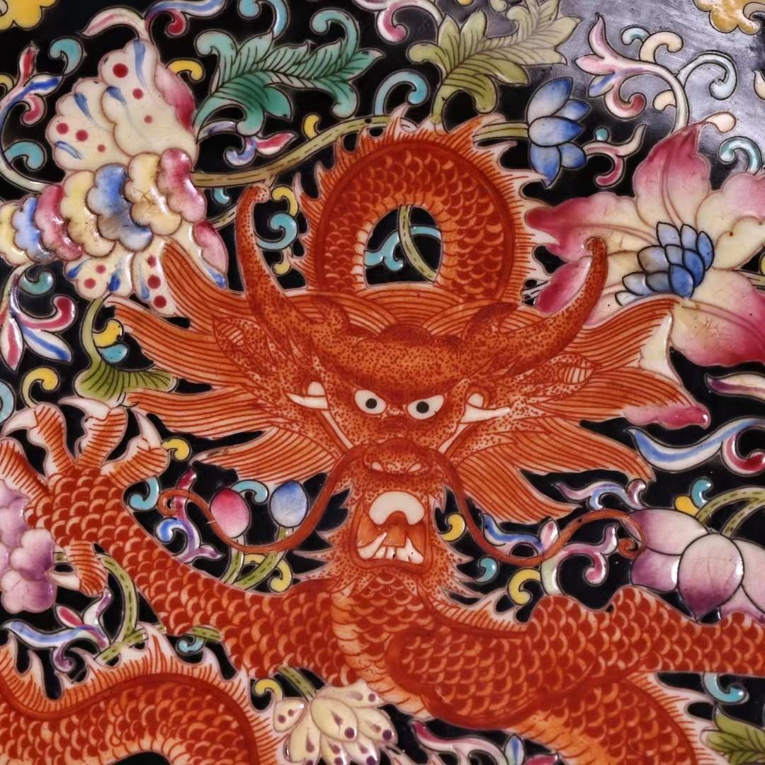 中国古美術・珍蔵粉彩・瑞獣祥龍絵磁器の中皿・純