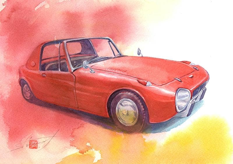 水彩アート「トヨタスポーツ８００」1点物、手描き、真筆。