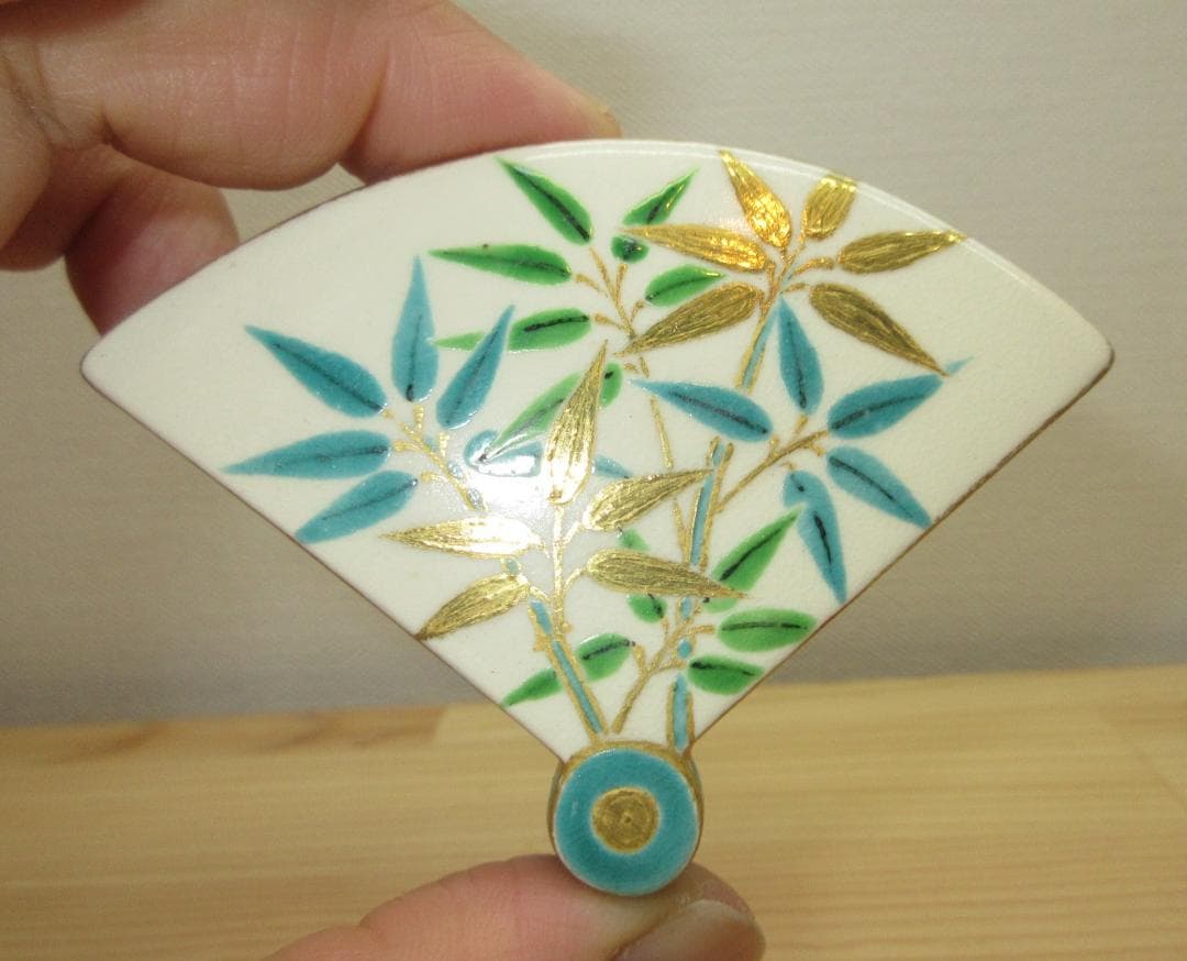 送料込【逢絢亭・新品】茶道具 香合 京焼 扇面香合 竹の図 手塚石雲 共箱入り