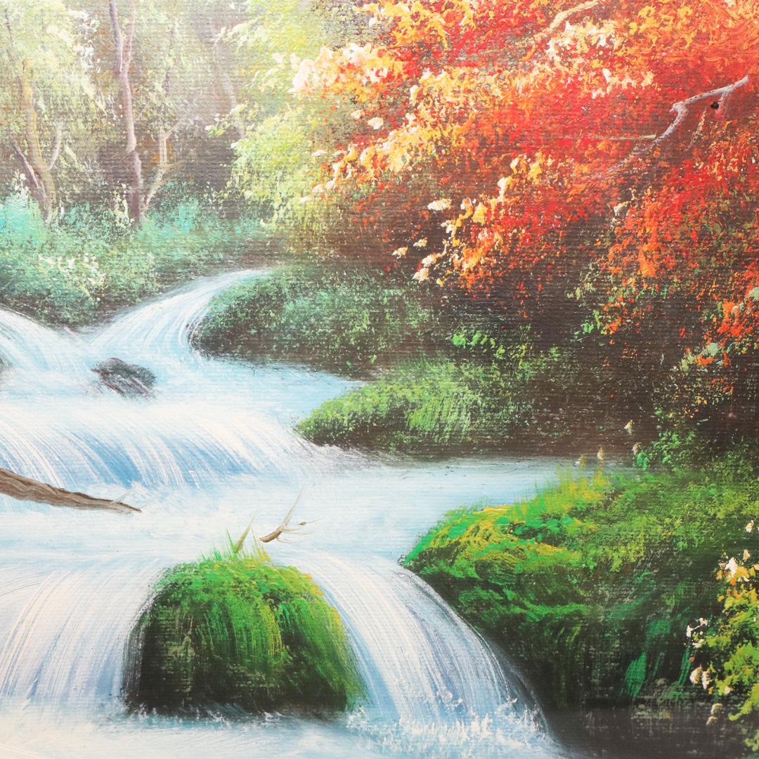 真作保証 流月真一 油彩 風景画「紅葉の奥入瀬」画寸約 32cm×41cm F6