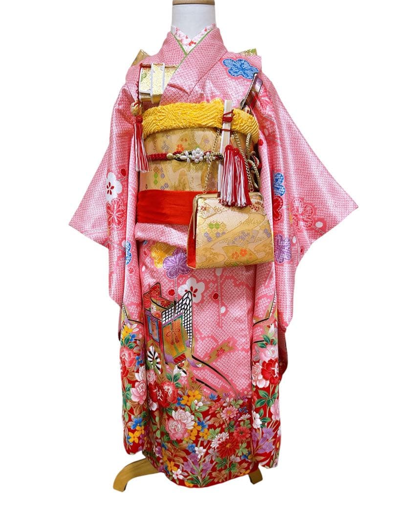 ピンク鹿の子柄♡七五三　7歳　女の子　フルセット　一式　パール付帯締め　ゴールド