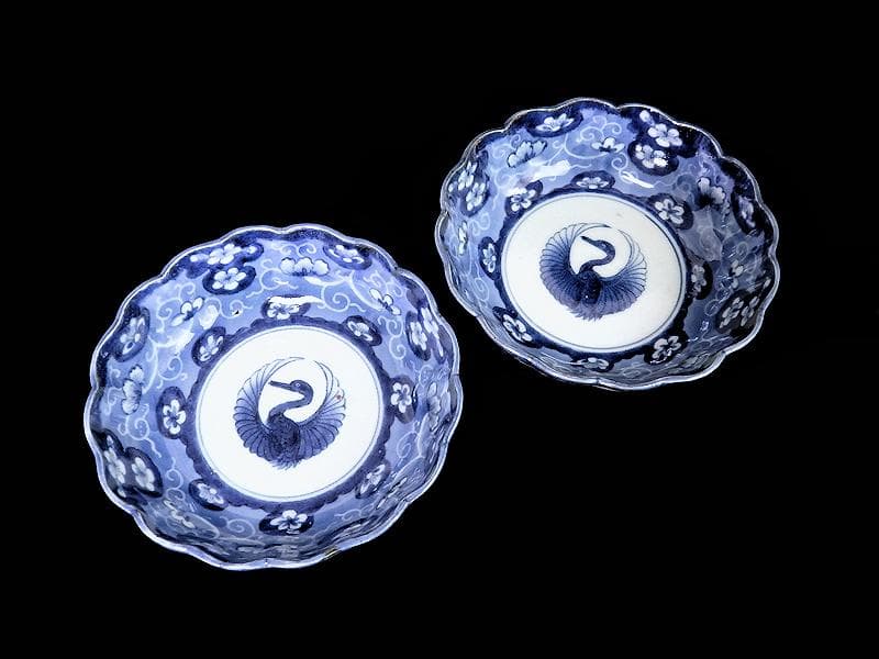 古伊万里　染付　墨弾き　梅花に舞鶴紋の図　膾皿　２客　E520AS-COd