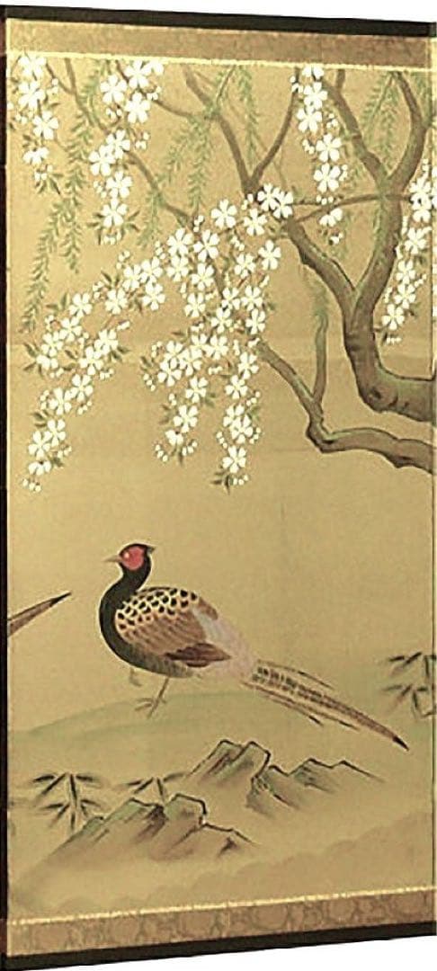 四つ折り屏風　日本画　絹本彩色　桜に雉