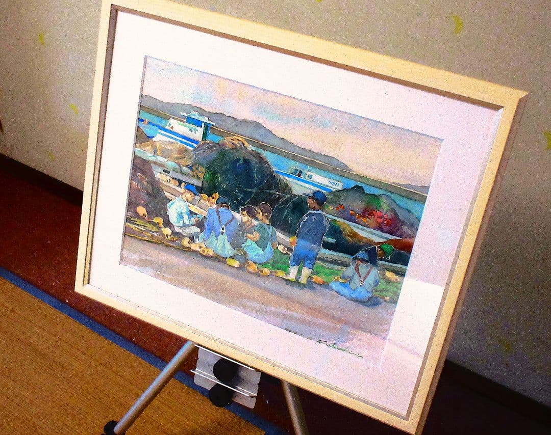 漁師の網繕い(水彩画-額縁付き)
