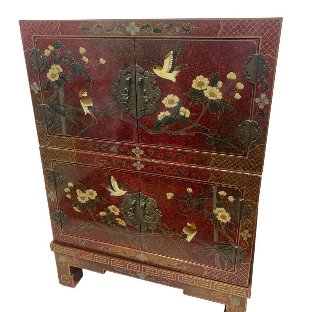 赤色の花と鳥の装飾タンス 希少 中国 チェスト 箪笥 花鳥 骨董