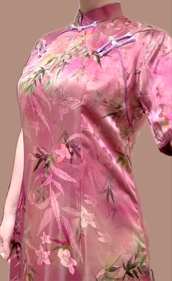 【桃色ワカメページ】ジャカード シルク チャイナドレス ロングワンピース