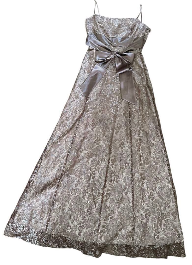 ブロンズ　パーティ　総レース ロングドレス　リボン