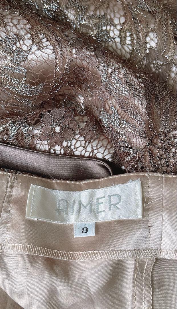 ブロンズ　パーティ　総レース ロングドレス　リボン