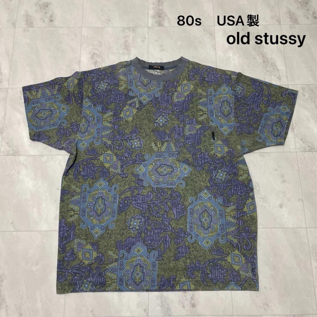 80s old stussy 総柄tシャツ ステューシー黒タグ