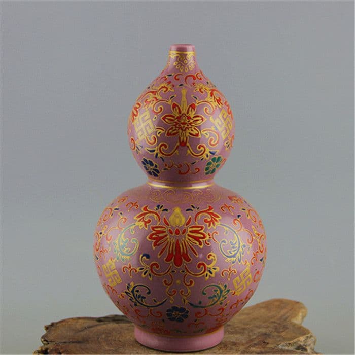 花柄の瓢簞は臙脂紅釉の琺瑯色 工芸品 美術品 置物