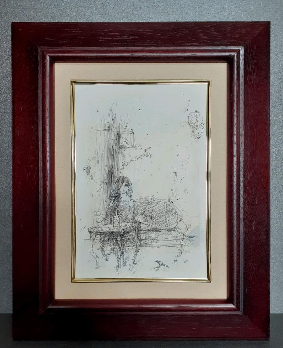 作者不明　ボールペンイラスト　女性と鳥と掛け時計の図　肉筆　SM　額装