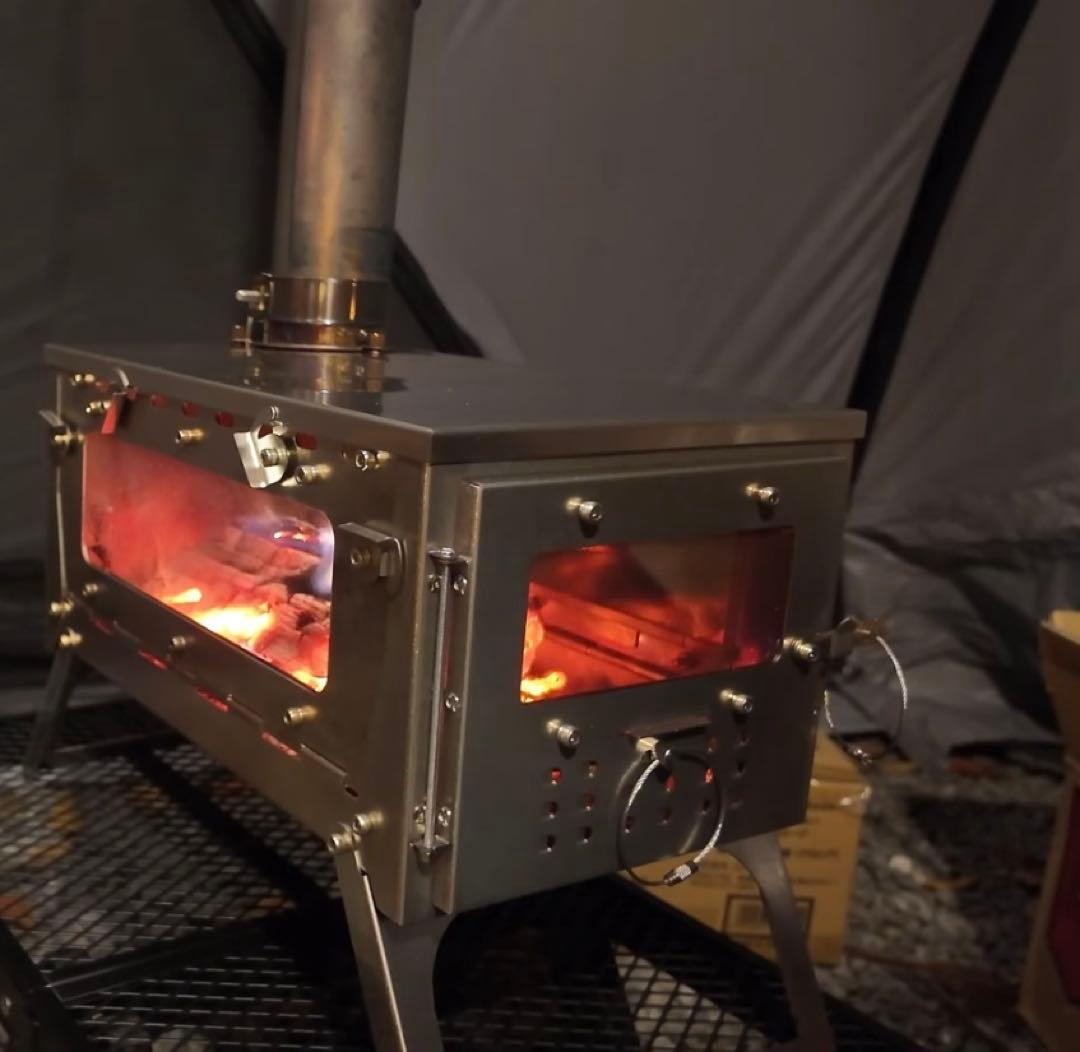 Wind travel薪ストーブ折りたたみ3面ガラス窓 ステンレス製