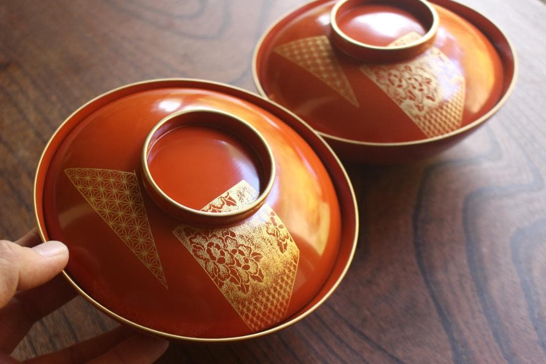 時代逸品！上質朱漆に極上花文沈金の大椀2点（検漆器輪島塗沈金椀雑煮椀