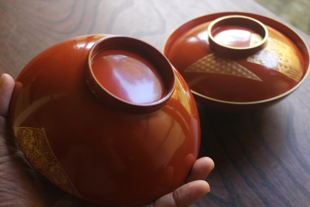 時代逸品！上質朱漆に極上花文沈金の大椀2点（検漆器輪島塗沈金椀雑煮椀