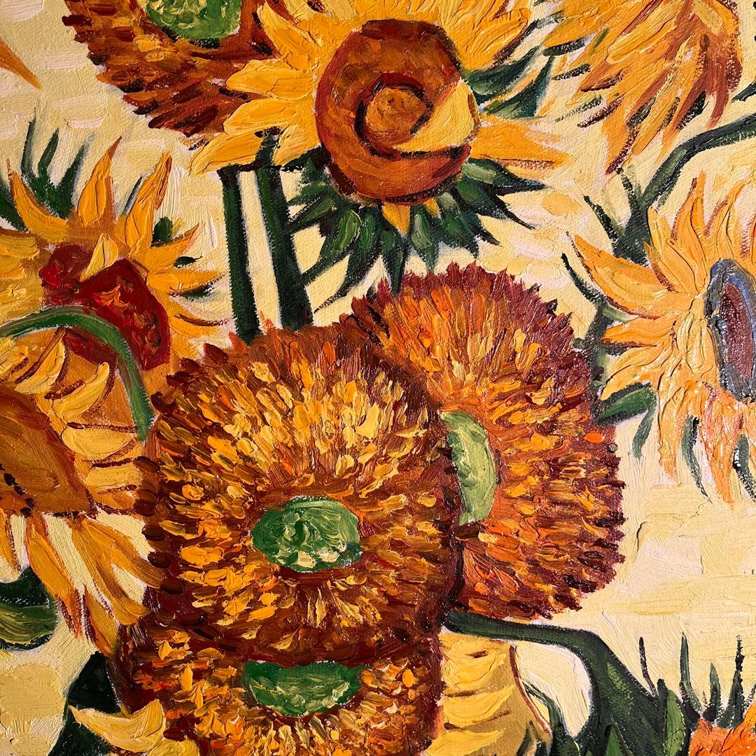 ★特大秀作★手描き油絵 ゴッホ ひまわり 額付 肉筆絵画 インテリア 油彩画
