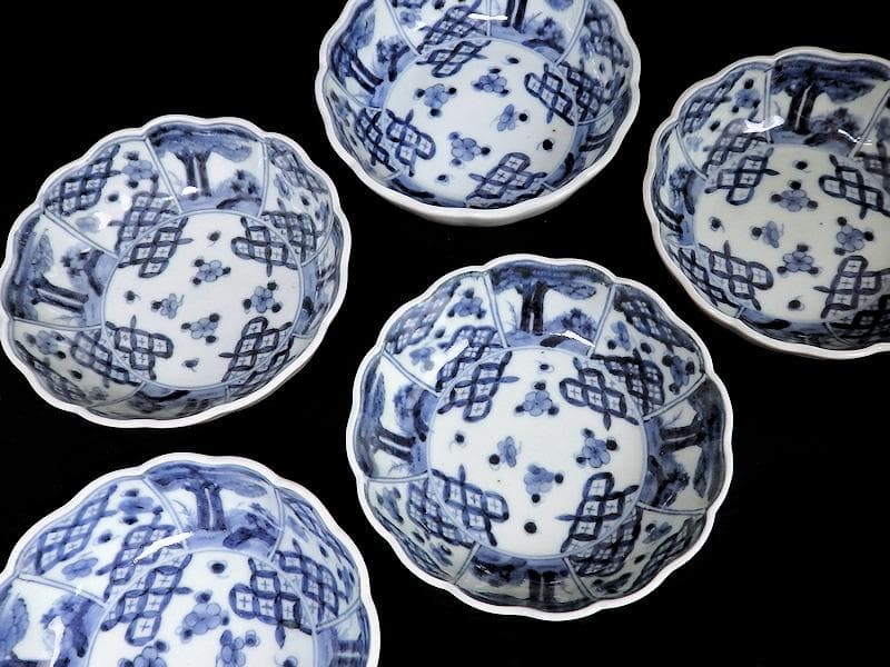 古伊万里　染付　七宝紋に梅の図　膾皿　５客　381AS-CAv