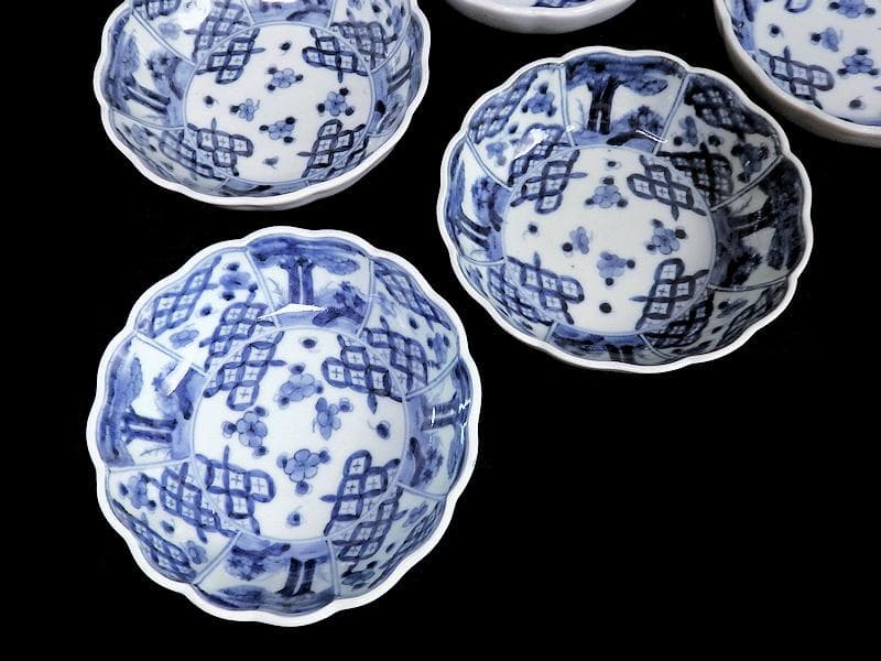 古伊万里　染付　七宝紋に梅の図　膾皿　５客　381AS-CAv