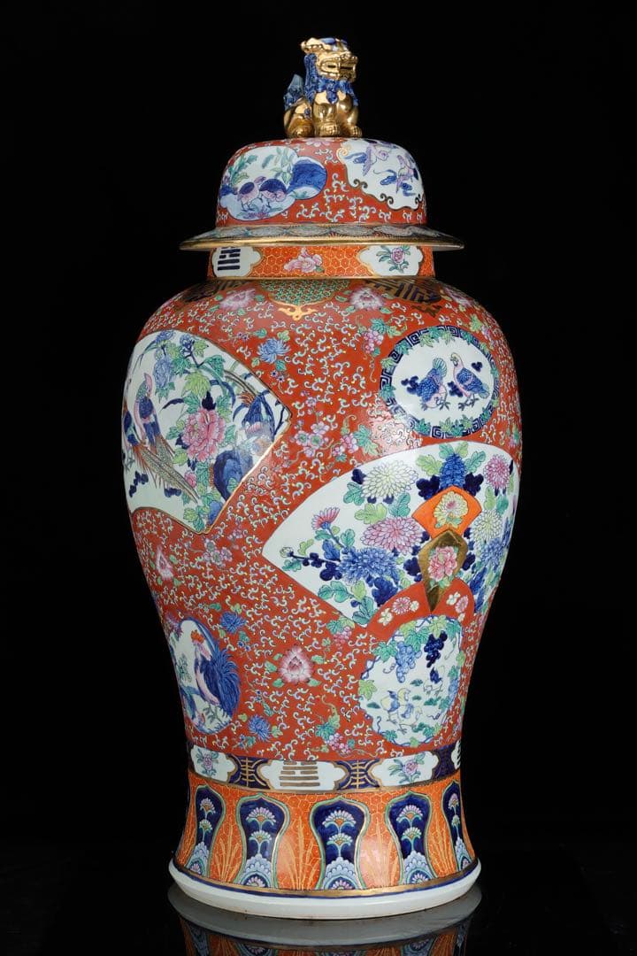 有田焼 染錦窓絵花鳥尽之図 獅子摘蓋付 沈香壺 特大