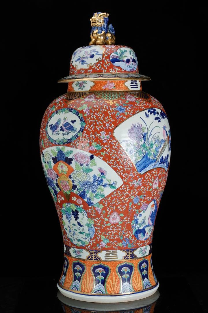 有田焼 染錦窓絵花鳥尽之図 獅子摘蓋付 沈香壺 特大